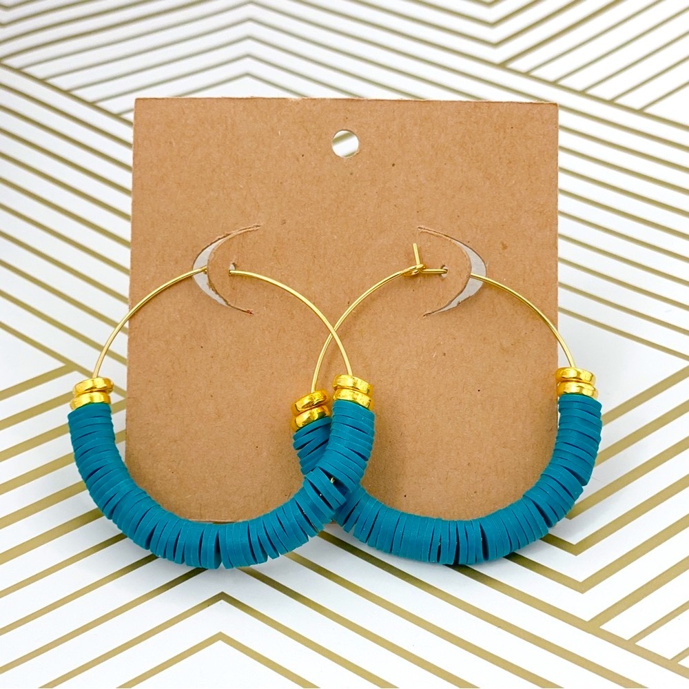 Gold earrings teal clay beaded hoops